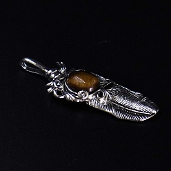 Tiger Eye Natural Tiger Eye Big Pendants, Platinum Plated Alloy Feather Charms, 60x18mm