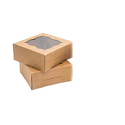 Sandy Brown Kraft Paper Cardboard Gift Storage Box, with PVC Clear Window, Square, Sandy Brown, 10x10x6.5cm