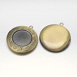 Brushed Antique Bronze Rack Plating Brass Locket Pendant Cabochon Settings, Lead Free & Nickel Free, Carved Flat Round , Brushed Antique Bronze, Tray: 19mm, 36x33x6mm, Hole: 2mm, Inner: 24mm
