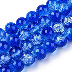 Blue Transparent Crackle Baking Painted Glass Beads Strands, Imitation Opalite, Round, Blue, 8.5x7.5mm, Hole: 1.5mm, about 107~109pcs/strand, 30.71 inch~31.30 inch(78~79.5cm)