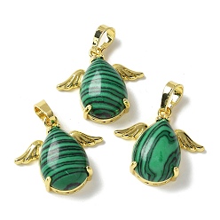 Малахит Синтетического малахита подвески, подвески-слезинки с золотистыми латунными крыльями, стойки покрытие, без кадмия и без свинца, 22.5x24.5x9 мм, отверстие : 7.5x4.5 мм