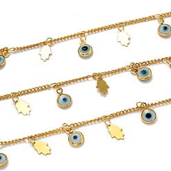 Golden Brass Curb Chains, with Glass Charms, Spool, Long-Lasting Plated, Soldered, Evil Eye, Hamsa Hand/Hand of Fatima/Hand of Miriam, Golden, Links: 2.5x1.9x0.5mm, Charms: 9.8x6x0.3mm and 10x6.5x2.5mm