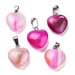 Banded Agate Natural Banded Agate Charms, with Silver Tone Metal Findings, Heart, Dyed, 16x6mm