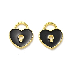 Black Alloy Enamel Pendants, Golden, Heart Padlock Charm, Black, 12.5x11x1mm, Hole: 3x4mm