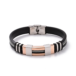 Rose Gold & Stainless Steel Color Men's Silicone Cord Bracelet, Titanium Steel Curved Tube Beads Friendship Bracelet, Black, Rose Gold & Stainless Steel Color, 8-7/8 inch(22.5cm)