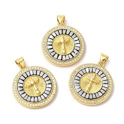 Черный Плоские круглые подвески из латуни с микропаве и фианитами в форме креста, с эмалью и ракушкой, долговечный, без свинца и без кадмия, реальный 18 k позолоченный, чёрные, 25x22x4 мм, отверстие : 5x3.5 мм