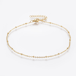 Golden 304 Stainless Steel Anklets, with Lobster Claw Clasps, Round Beads and Cable Chains, Golden, 9 inch(230mm), 1.5mm