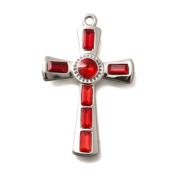 Светло-сиамский 304 подвески из нержавеющей стали, со стразами, цвет нержавеющей стали, крестик, Light Siam, 37.5x23.5x4.5 мм, отверстие : 2 мм