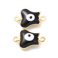 Black Brass Enamel Connector Charms, Real 18K Gold Plated, Evil Eye Pattern, Black, 12.5x8x3.5mm, Hole: 1mm