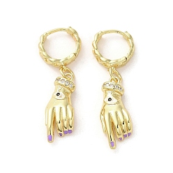 Medium Purple Palm with Horse Eye Real 18K Gold Plated Brass Dangle Hoop Earrings, with Enamel and Cubic Zirconia, Medium Purple, 36x8.5mm