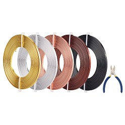 Mixed Color Flat Aluminum Wire, with Iron Side Cutting Pliers, Mixed Color, 9 Gauge, 3mm, about 5m/roll, 5 colors, 1roll/color, 5rolls/set