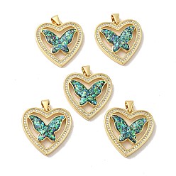 Real 18K Gold Plated Rack Plating Brass Micro Pave Cubic Zirconia Pendants, with Jump Ring, with Synthetic Opal, Lead Free & Cadmium Free, Long-Lasting Plated, Heart with Butterfly, Real 18K Gold Plated, 22x22x3.5mm, Hole: 5x3.6mm