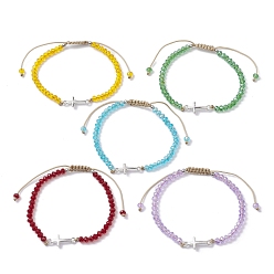 Mixed Color Tibetan Style Alloy Cross Link Bracelet, Glass Braided Bead Adjustable Bracelet, Mixed Color, Inner Diameter: 2-3/8~3-1/2 inch(6~9cm)