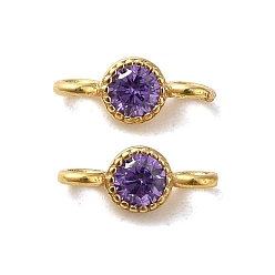 Dark Orchid 925 Sterling Silver Pave Cubic Zirconia Connector Charms, Half Round Links with 925 Stamp, Real 18K Gold Plated, Dark Orchid, 8.5x3.5x2.5mm, Hole: 1.5mm