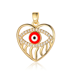 Real 18K Gold Plated 3Pcs Brass Micro Pave Cubic Zirconia Pendants, Heart with Evil Eye Charms, Real 18K Gold Plated, 20x19x4mm