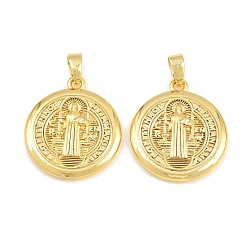 Plaqué 18K Or Véritable Pendentifs en laiton, rond plat avec des breloques de saint Benoît, réel 18 k plaqué or, 20x18x2.5mm, Trou: 5x3mm
