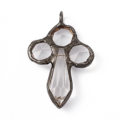 Antique Bronze Faceted Transparent Glass Pointed Big Pendants, Rack Plating Brass Findings, Cadmium Free & Lead Free, Cross Charms, Clear, Antique Bronze, 59~61x36~38x13mm, Hole: 6mm