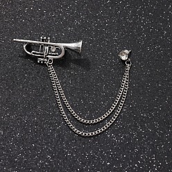 Trumpet British Style Alloy Crystal Rhinestone Hanging Chain Brooch, Platinum, Trumpet, 140mm