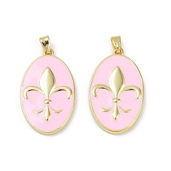 Бледно-Розовый Латунь эмаль подвески, овал с подвеской в виде геральдической лилии, без свинца и без кадмия, долговечный, стойки покрытие, реальный 18 k позолоченный, розовый жемчуг, 26.5x16x3 мм, отверстие : 5x3 мм