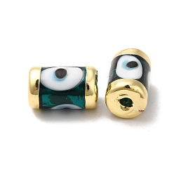 Teal Handmade Evil Eye Lampwork Beads, with Light Gold Tone Brass Findings, Long-Lasting Plated, Lead Free and Cadimum Free, Column, Teal, 14.5~15x9~9.5mm, Hole: 1.8mm