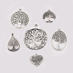 Antique Silver Tibetan Style Alloy Pendants, Mix Shapes with Tree of Life, Antique Silver, 23~47x21~42x1.5~8mm, Hole: 2~6mm, 6pcs/set