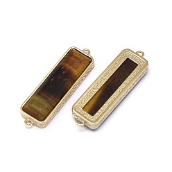 Tiger Eye Natural Tiger Eye Links connectors, with Brass Findings, Faceted, Rectangle, Golden, 33.5x9.5~10x5mm, Hole: 1.2~1.4mm
