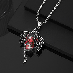 Ruby Vintage Alloy Rhinestone Dragon with Teardrop Pendant Necklaces, Antique Silver, Ruby, 23.62 inch(60cm)