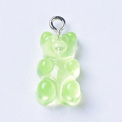 Pale Green Resin Pendants, with Metal Findings, Bear, Platinum, Pale Green, 21~22x10.5~11.5x6~7mm