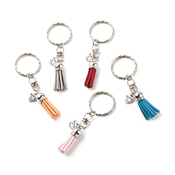 Mixed Color Faux Suede Tassel & Tibetan Style Alloy Pendant Keychain, with Iron Split Key Rings, Heart with Phrase Believe In Love, Mixed Color, 8.6cm
