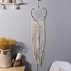 Floral White Heart Woven Net/Web Macrame Cotton Wall Hanging Decorations, with Wood Bead, for Garden, Wedding, Lighting Ornament, Floral White, 80x19mm