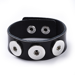Black Leather Chunk Bracelet Making, with Brass Snap, Black, 235x24~26mm, Half Hole: 6mm, Fit Snap Buttons in 5~6mm Knob