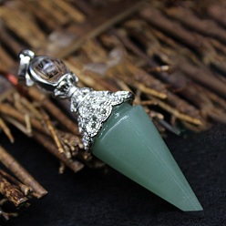 Green Aventurine Natural Green Aventurine Big Pendants, Faceted Cone/Spike Pendulum Charms with Metal Snap on Bails, 60x17mm