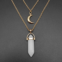 White Jade Natural White Jade Cone Pendant Double Layer Necklace, with Moon Charms, 19.69 inch(50cm)