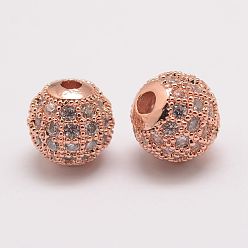 Rose Gold Brass Micro Pave Cubic Zirconia Beads, Round, Rose Gold, 8.5x8mm, Hole: 1.5mm