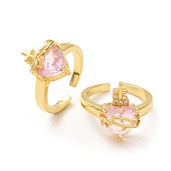 Pink Браслет из латуни и стекла с открытыми кольцами из кубического циркония для женщин, святое сердце, долговечный, стойки покрытие, без свинца и без кадмия, золотые, розовые, 17 мм, Сердце: 13~15x10~15 mm