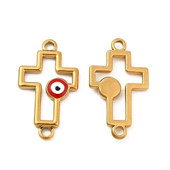 Red 201 Stainless Steel Enamel Connector Charms, Real 24K Gold Plated, Religion Cross Links with Evil Eye, Red, 24x14x2.5mm, Hole: 1.8mm