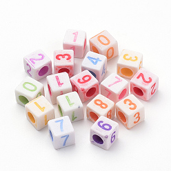 Mixed Color Craft Style Acrylic European Beads, Large Hole Beads, Cube with Number, Mixed Color, 7x7x7mm, Hole: 4mm, about 1600pcs/500g