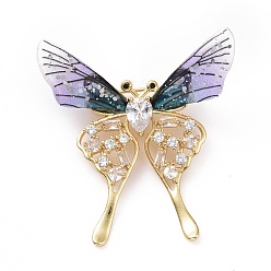 Lilac Resin Butterfly Lapel Pin with Clear Cubic Zirconia, Real 18K Gold Plated Brass Badge with Loop for Jewelry Pendant, Cadmium Free & Lead Free, Lilac, 49x47x5mm