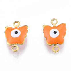 Dark Orange 304 Stainless Steel Enamel Connector Charms, Real 18K Gold Plated, Butterfly with Evil Eye Charm, Dark Orange, 12.5x8.5x3mm, Hole: 1.2mm