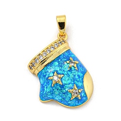 Deep Sky Blue Christmas Brass Micro Pave Cubic Zirconia Pendant, with Synthetic Opal, Christmas Stocking, Deep Sky Blue, 20x17.5x6mm, Hole: 5x3mm