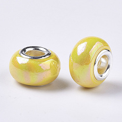 Золотистый Непрозрачная смола европейский бисер, бусины с большим отверстием, имитация фарфора, с латунными двойными ядрами, платиновый оттенок, AB цвет, рондель, золотые, 14x9 мм, отверстие : 5 мм