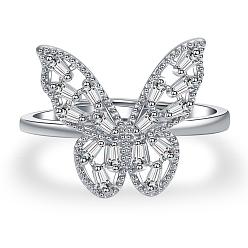 Platinum Brass Micro Pave Cubic Zirconia Ajustable Rings for Women, Butterfly, Platinum, Inner Diameter: 16mm
