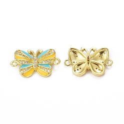 Yellow Brass Micro Pave Cubic Zirconia Connector Charms, Enamel Style, Butterfly, Golden, Yellow, 13.5x22.5x3mm, Hole: 1.5mm