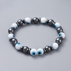 White Handmade Evil Eye Lampwork Beads Stretch Bracelets, with Non-Magnetic Synthetic Hematite Beads, Round, White, 2-1/4 inch(5.8cm)
