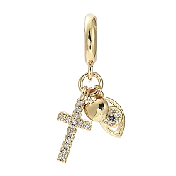 Real 18K Gold Plated Rack Plating Eco-Friendly Brass Pave Clear Cubic Zirconia European Dangle Charms, Cross Heart Evil Eye Large Hole Pendants, Cadmium Free & Lead Free, Long-Lasting Plated, Real 18K Gold Plated, 29.5mm, Cross: 17x7x2mm, Eye: 12x5x2.5mm, Heart: 7x5.5x2mm