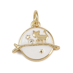 Белый Подвески в форме планеты и кошки из латуни и эмали, с целью перехода в кольце, стойки покрытие, без кадмия и без свинца, долговечный, реальный 18 k позолоченный, белые, 12.5x14.5x2.5 мм, отверстие : 3.2 мм