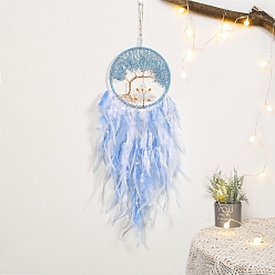 Cornflower Blue Tree of Life Natural Aquamarine Chips Woven Web/Net with Feather Decorations, for Home Bedroom Hanging Decorations, Cornflower Blue, 160mm