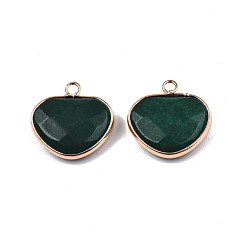 Dark Green Natural White Jade Pendants, with Light Gold Plated Tone Brass Edge, Dyed & Heated, Faceted Heart Charm, Dark Green, 22x22x6mm, Hole: 2mm