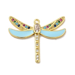Sky Blue Rack Plating Brass Cubic Zirconia Pendants, with Enamel, Long-Lasting Plated, Lead Free & Cadmium Free, Real 18K Gold Plated, Dragonfly, Sky Blue, 25.5x30x3mm, Hole: 1.6mm