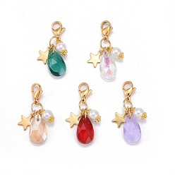 Mixed Color Faceted Teardrop Glass Pendants, with Glass Pearl Round Beads, Star 304 Stainless Steel Charms & Lobster Claw Clasps, Mixed Color, 34mm